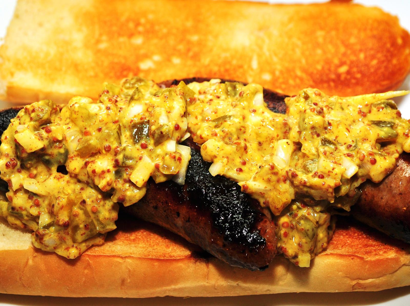 Real hot dog with Dijon sauce