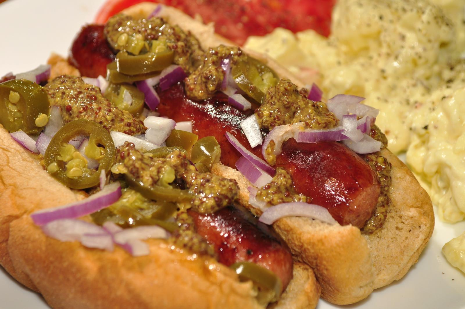 Real hot dogs with onion and jalapeño